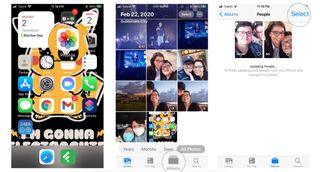 How to Merge people in Photos: Open the Photos app, tap on Albums, open the People album, tap on Select