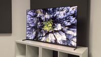 The 55-inch Sony Bravia 8 II QD-OLED TV photographed on a white table. On the screen is a nature documentary.