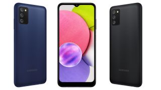 Press renders showing the Samsung Galaxy A03s in black and blue shades