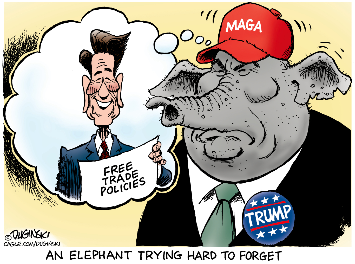 This cartoon is titled &amp;quot;An Elephant Trying Hard to Forget&amp;quot;. It depicts an elephant in a suit with a MAGA hat and a &amp;quot;Trump&amp;quot; button. He's thinking about a smiling Ronald Reagan holding a piece of paper that reads, &amp;quot;Free Trade Policies&amp;quot;.