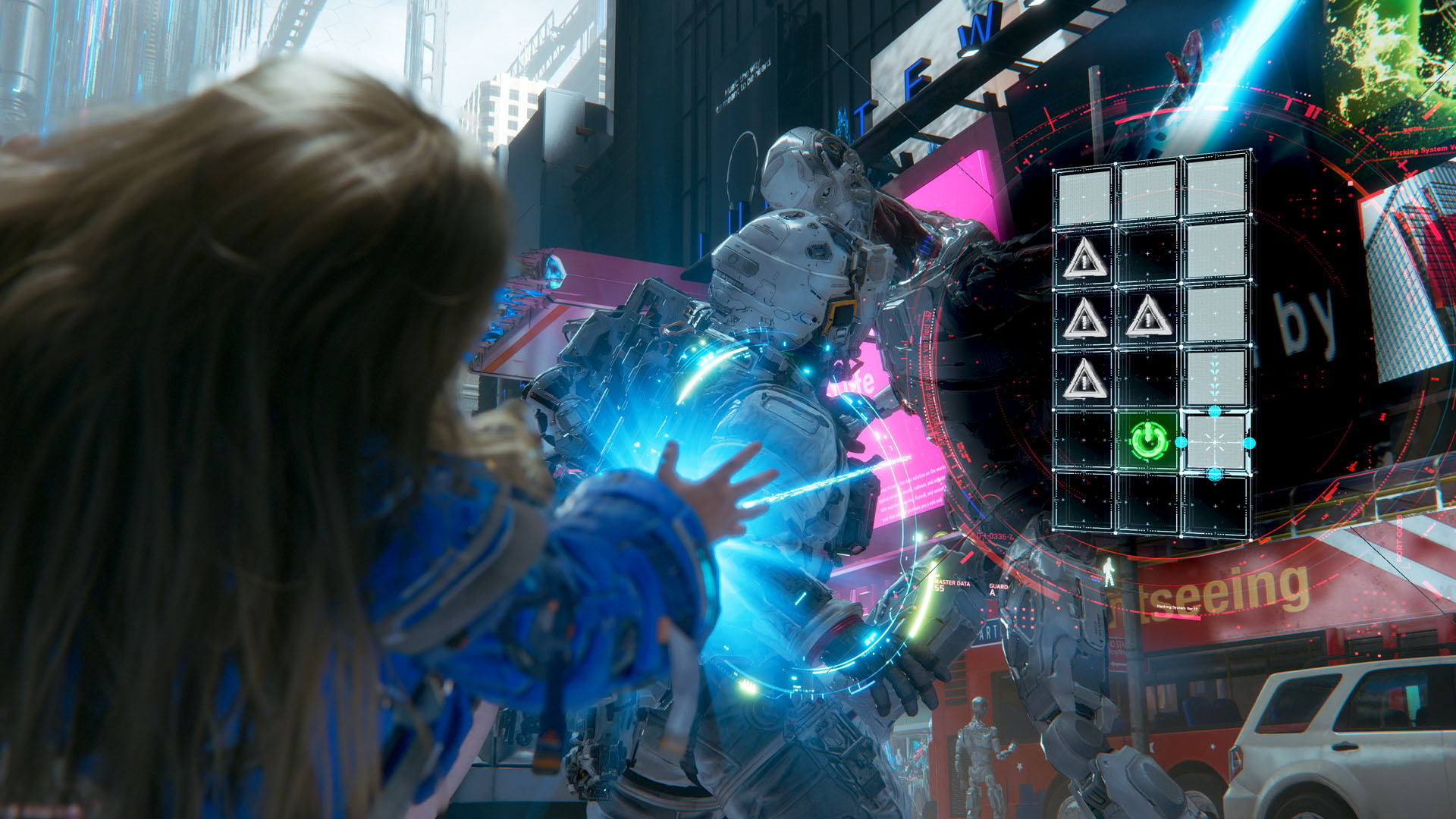 In a Times Square environment, Hugh and Diana are attacked by a humanoid robot in Pragmata
