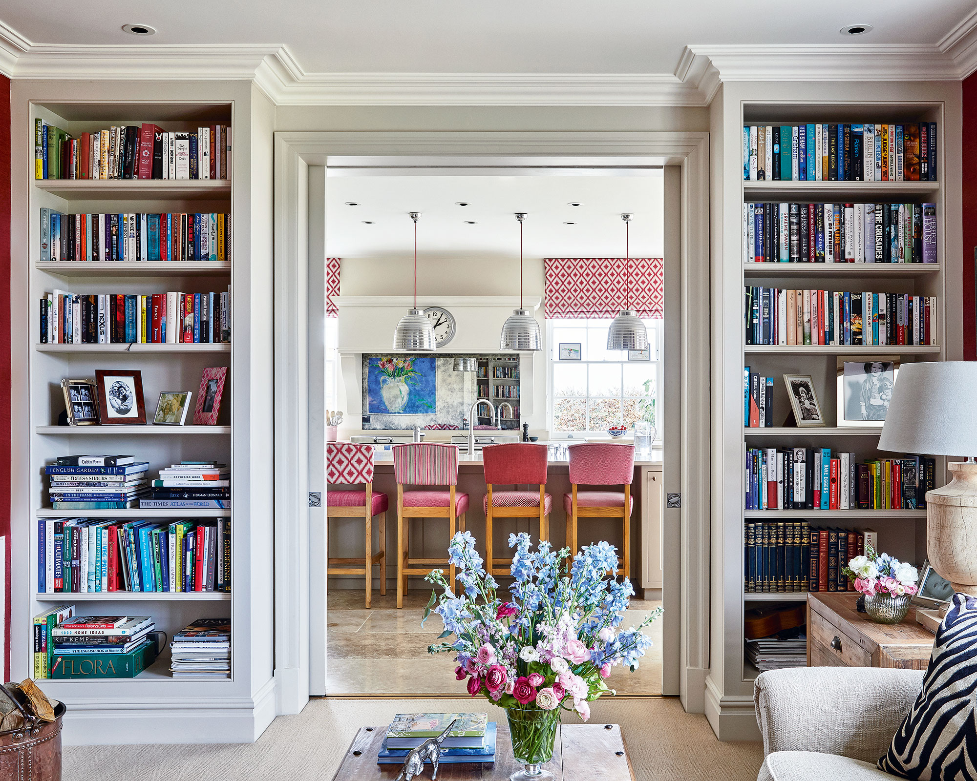 Living room shelving around a door frame