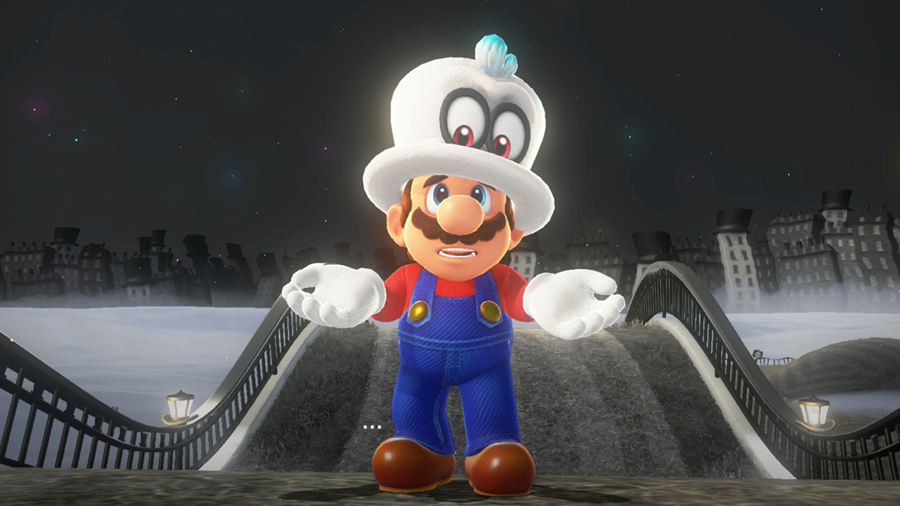 Mario con un sombrero de copa blanco en Super Mario Odyssey