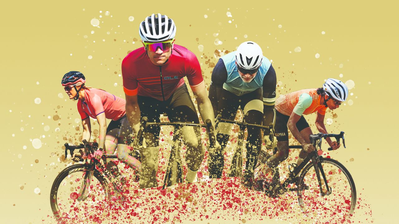 A mix of cyclists of different ages and genders in a collage on a yellow background