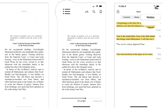 How to review notes in a book in Apple Books: tap a blank part of the page to bring up the controls, tap the list icon, tap the Notes tab