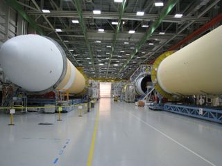 The Delta IV Heavy Lift rocket that will be used for Orion’s first mission, Exploration Flight Test-1, is in the final assembly area at United Launch Alliance’s factory in Decatur, Ala.