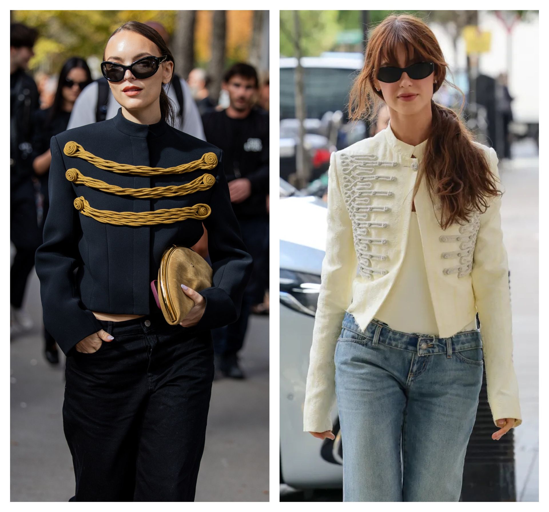 collage of a French girl and Daisy Edgar-Jones wearing the same French girl trend: military jackets