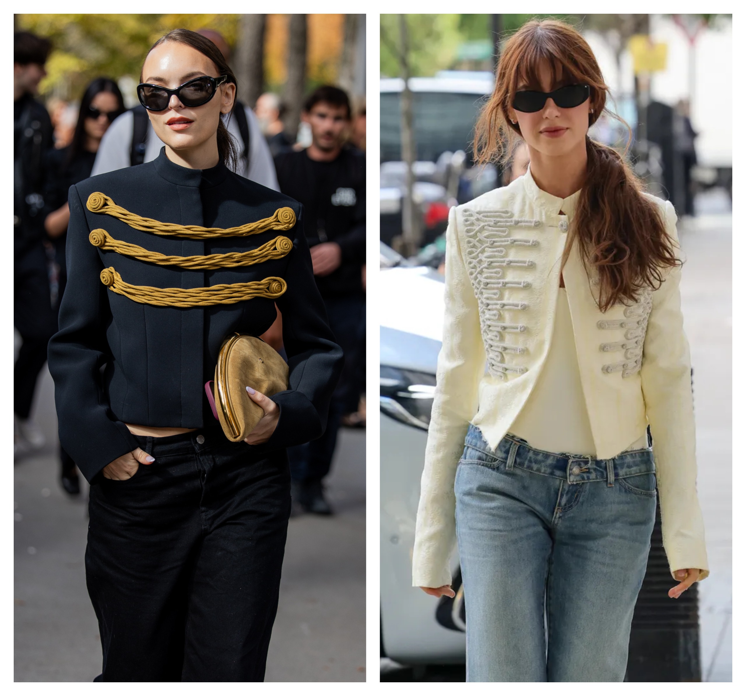 collage of a French girl and Daisy Edgar-Jones wearing the same French girl trend: military jackets