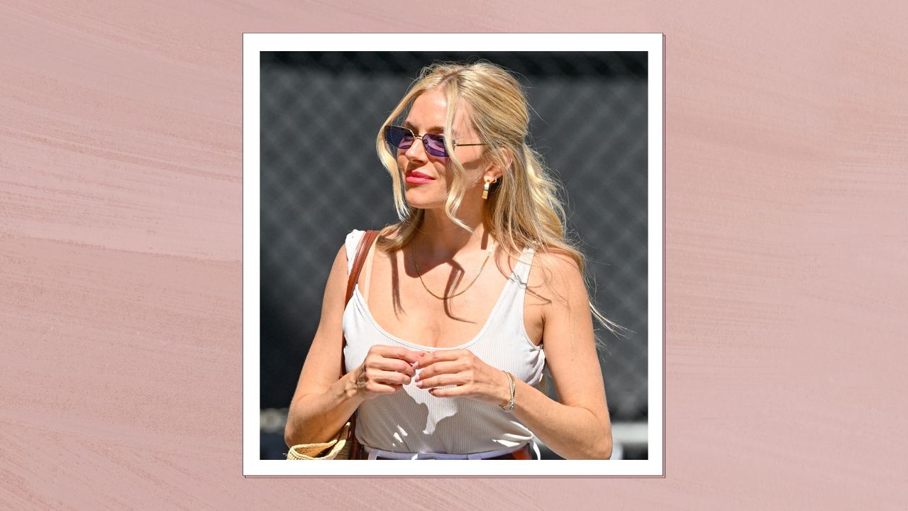 Sienna Miller is seen with glowing skin and wearing sunglasses and a white top on June 24, 2024 in Los Angeles, California/ in a pink template