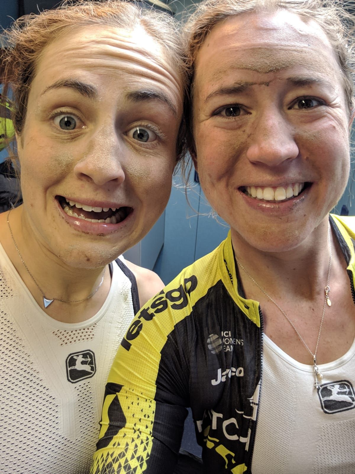 Grace Brown and Jessica Allen (Mitchelton-Scott) dusty after racing Strade Bianche in support of Annemiek van Vleuten