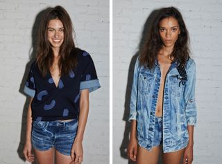 Models wearing denim staples adorned with playful bubble-shaped motifs