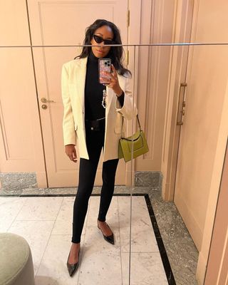 @chrissyford wearing leggings, jumper, blazer and flats