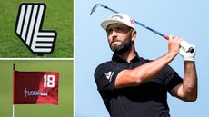 Jon Rahm holds his finish on a shot and the LIV Golf logo and a red US Open flag