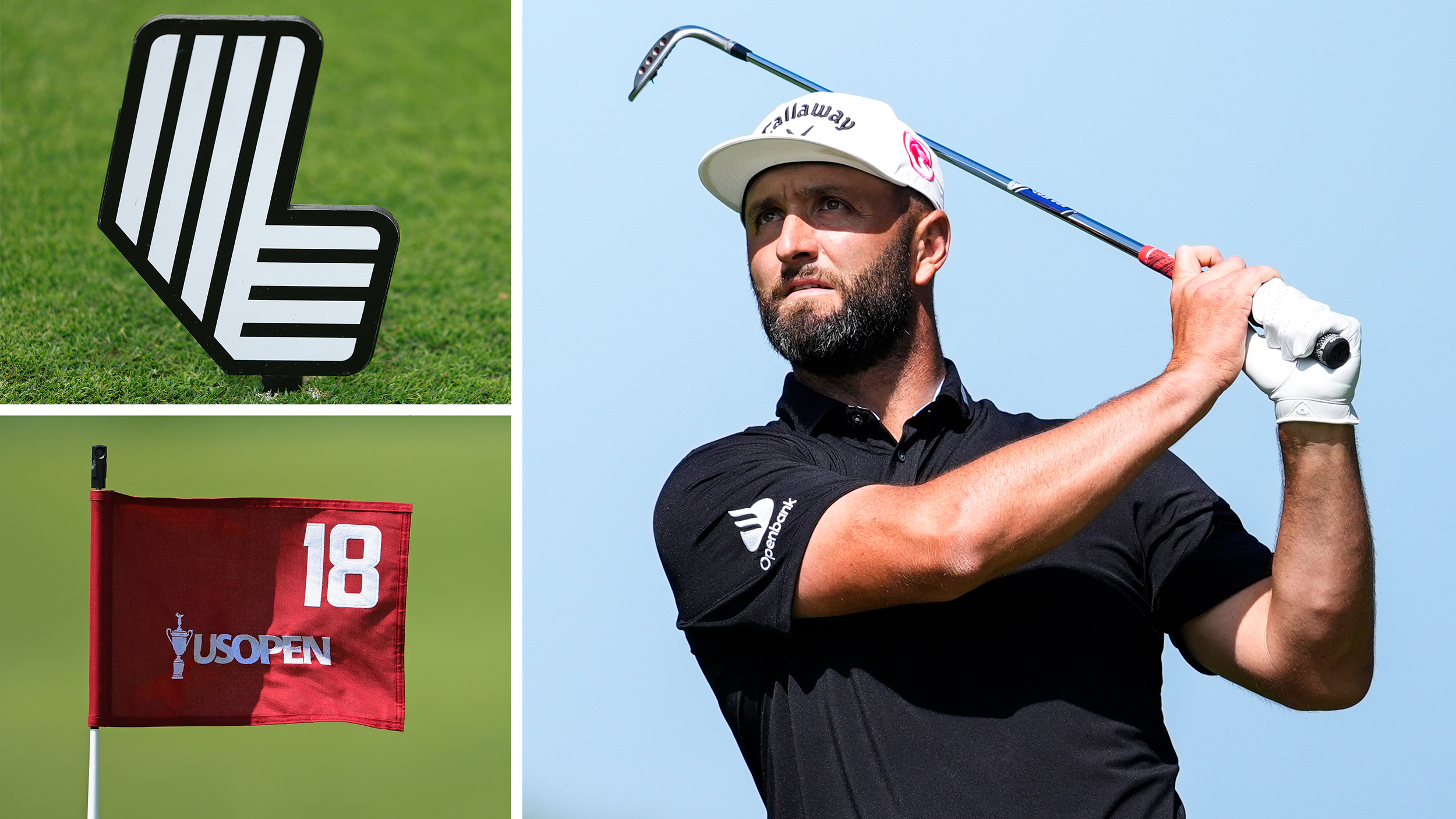 Jon Rahm holds his finish on a shot and the LIV Golf logo and a red US Open flag