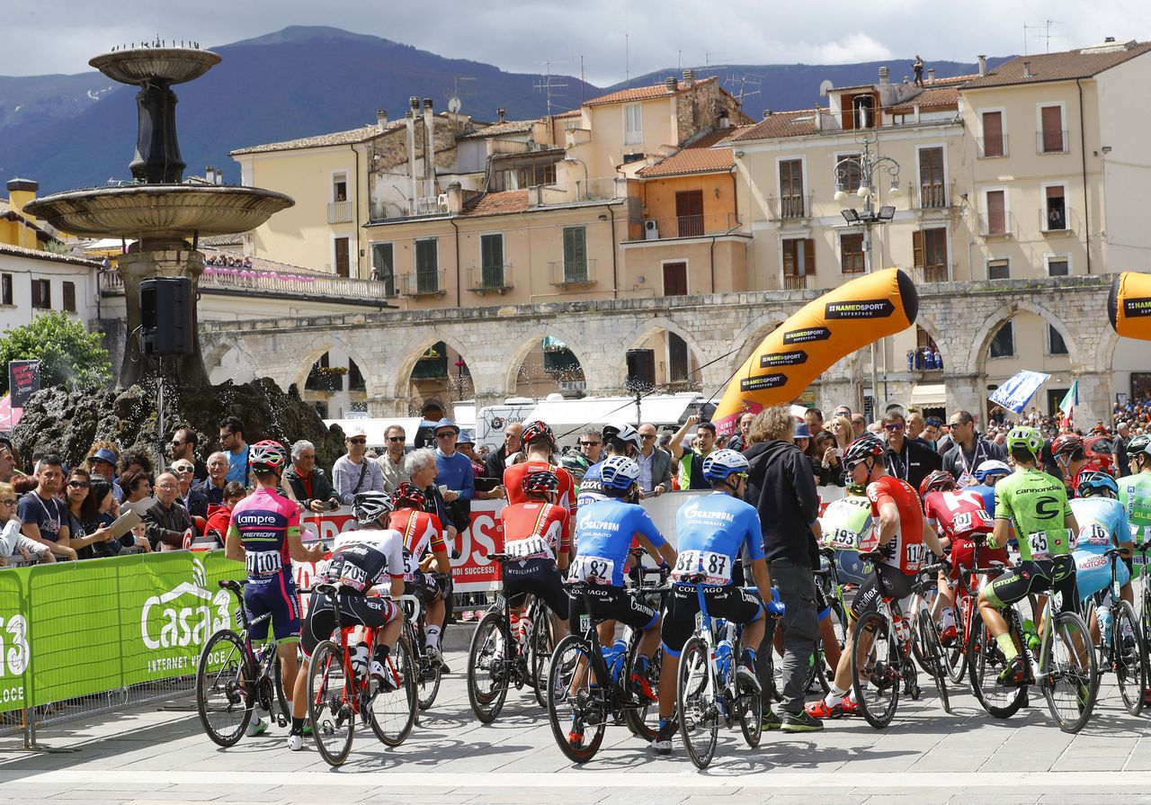 Riders await the start of the race