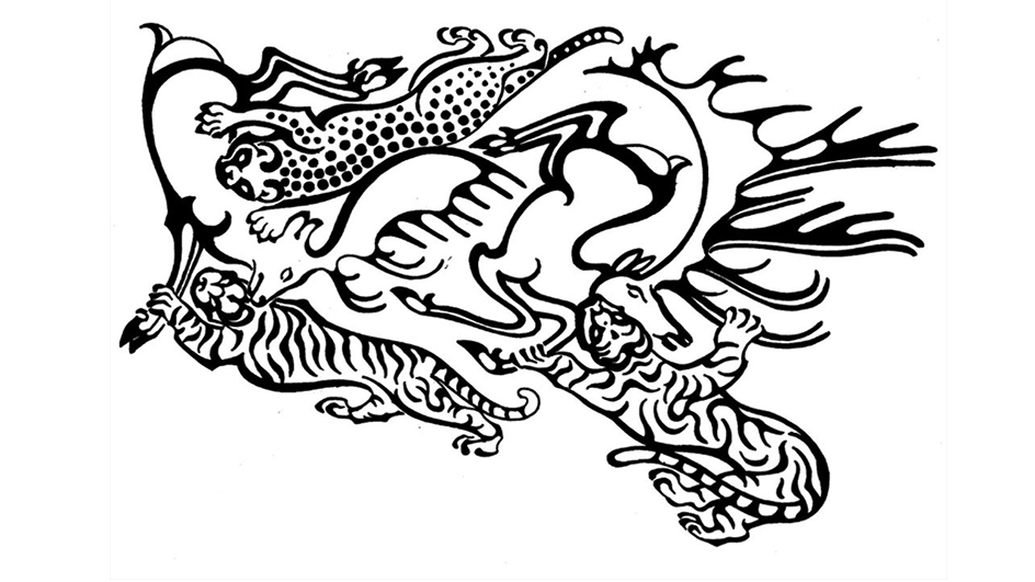 Black and white line drawing of a fantastic animal tattoo