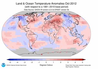 October ranked as the fifth warmest on record for global combined land and sea-surface temperatures.