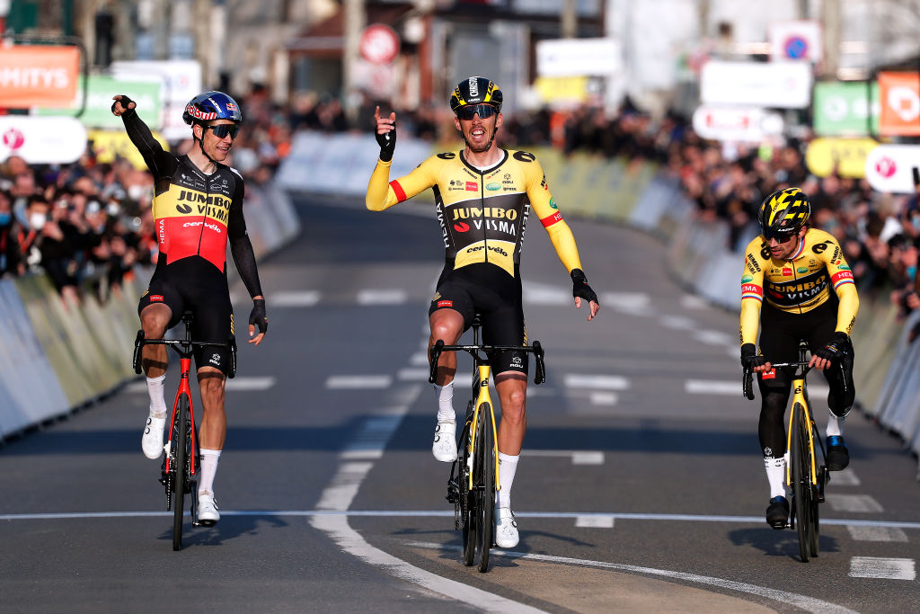 MANTESLAVILLE FRANCE MARCH 06 LR Wout Van Aert of Belgium Christophe Laporte of France stage winner and Primoz Roglic of Slovenia and Team Jumbo Visma celebrate crossing the finish line during the 80th Paris Nice 2022 Stage 1 a 160km stage from ManteslaVille to ManteslaVille ParisNice WorldTour on March 06 2022 in ManteslaVille France Photo by Bas CzerwinskiGetty Images