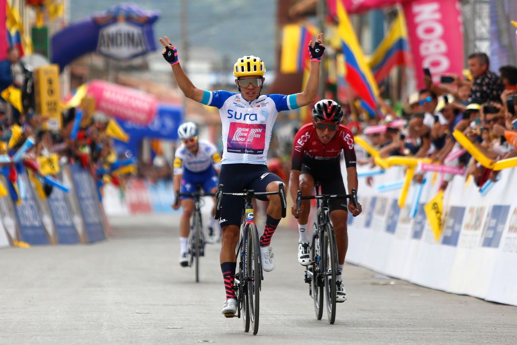 BOYACA COLOMBIA FEBRUARY 14 Arrival Sergio Andres Higuita Garcia of Colombia and Team EF Pro Cycling White Best Young Jersey Celebration Egan Arley Bernal Gomez of Colombia and Team INEOS Julian Alaphilippe of France and Team Deceuninck Quick Step during the 3rd Tour of Colombia 2020 Stage 4 a 1686km stage from Paipa to Santa Rosa de Viterbo Boyac 2751m TourColombiaUCI TourColombia2020 on February 14 2020 in Boyac Colombia Photo by Maximiliano BlancoGetty Images