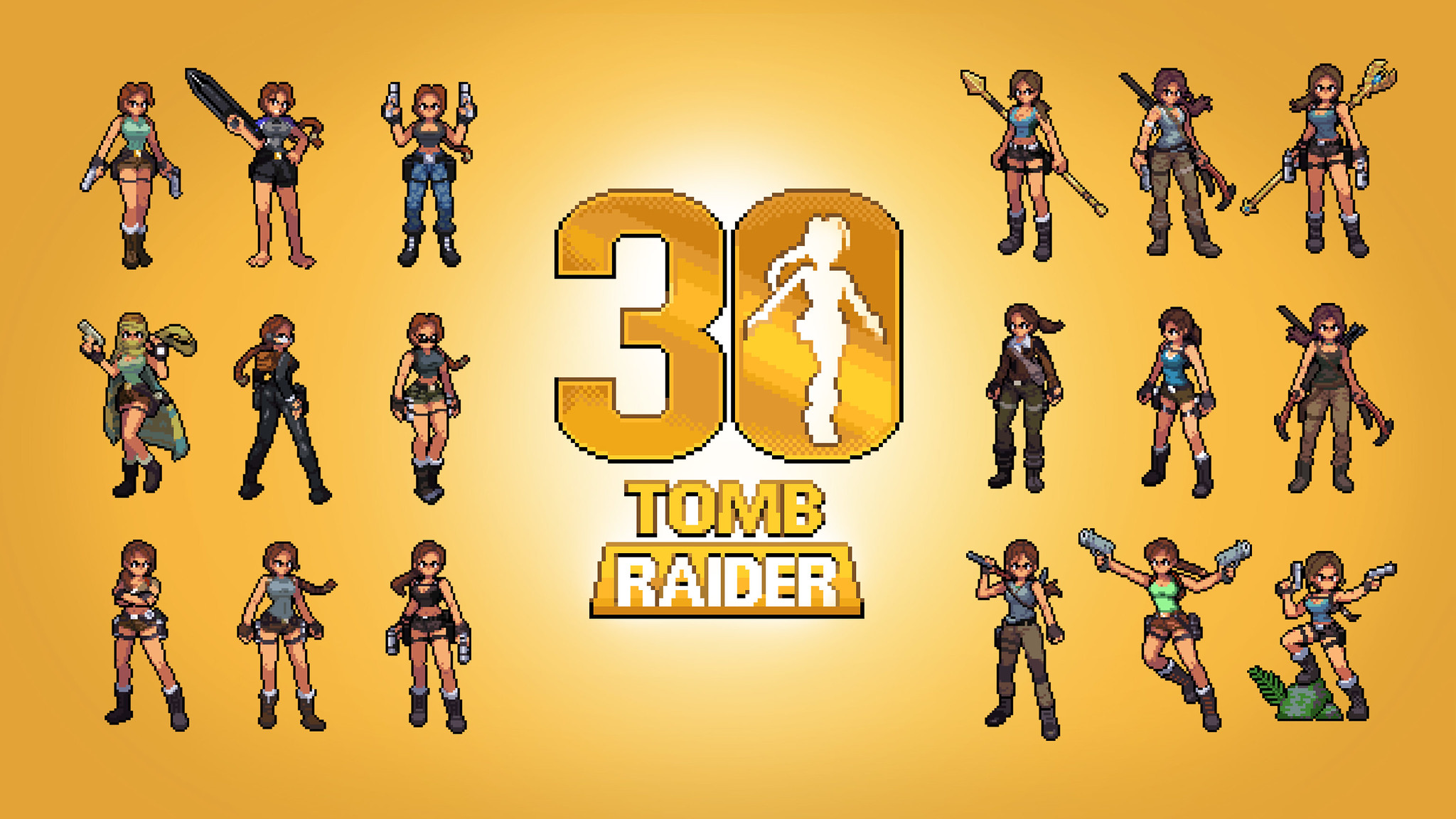 Tomb Raider 30th anniversary artwork showing Lara Croft through the ages