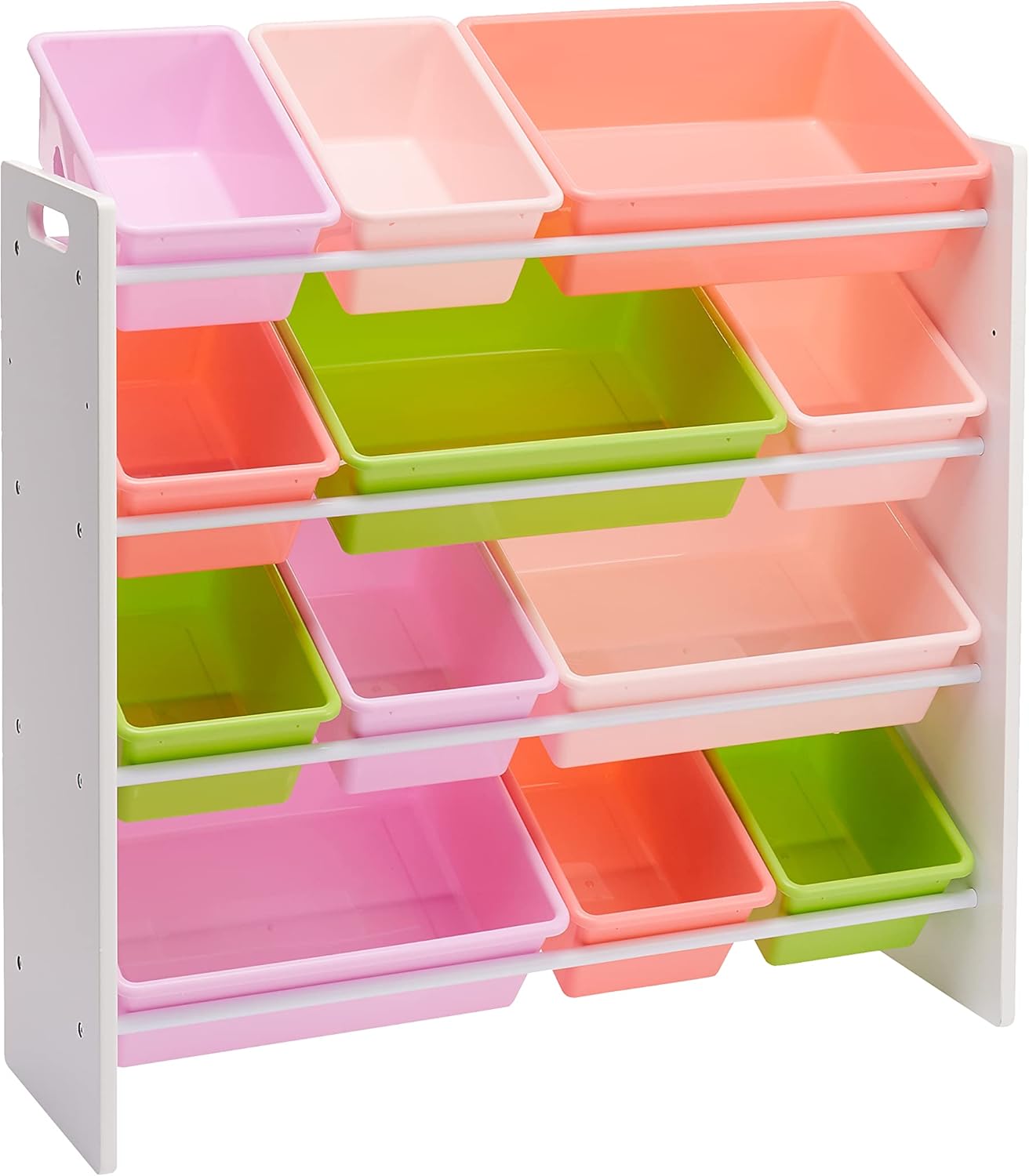 Amazon Basics Kids&amp;rsquo; Toy Storage Organiser With 12 Plastic Bins, White Wood With Pink Bins, 27.7 D X 85.3 W X 79 H Cm