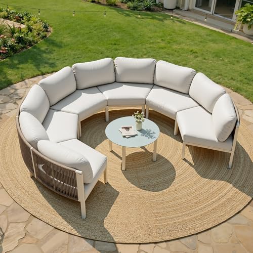 Crestlive Curved Patio Furniture Set, Modular Half Moon 6-Seater Sofa With Round Coffee Table, Aluminum Outdoor Sectional With 4.3" Cushions, All-Weather Couch for Backyard, Deck, Porch, Poolside