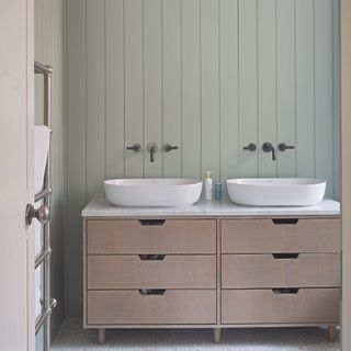 Bathroom with tongue and groove wall panelling in sage green