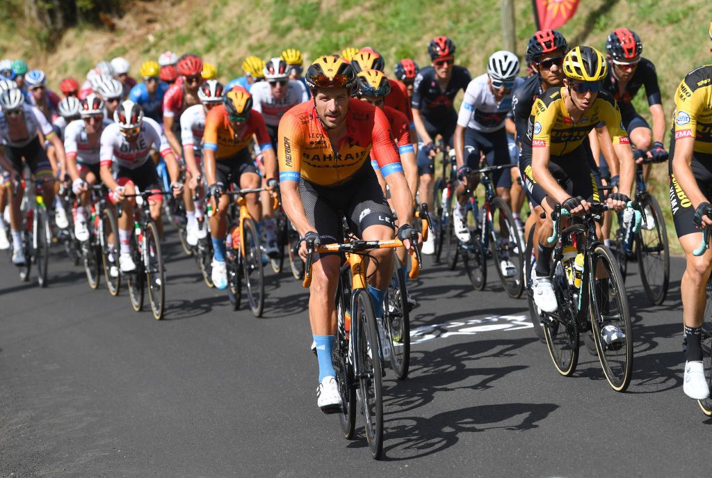 CANTAL FRANCE SEPTEMBER 11 Marco Haller of Austria and Team Bahrain Mclaren George Bennett of New Zealand and Team Jumbo Visma Peloton during the 107th Tour de France 2020 Stage 13 a 1915km stage from ChtelGuyon to Pas de PeyrolLe Puy Mary Cantal 1589m TDF2020 LeTour on September 11 2020 in Cantal France Photo by Tim de WaeleGetty Images