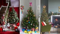 compilation of theree Christmas trees with different Christmas tree topper ideas from red stars, bows and gold paper stars