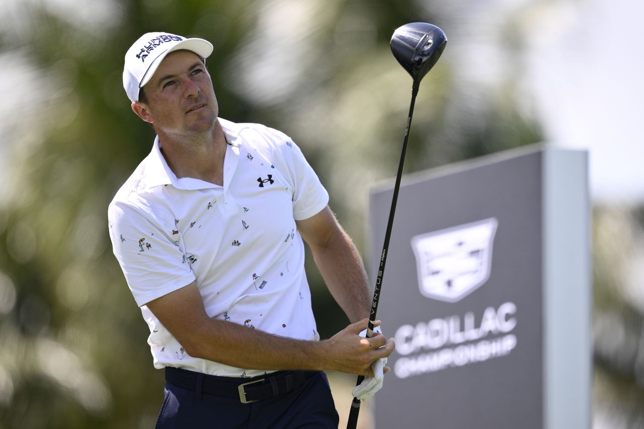 Jordan Spieth follows his shot from the second tee during the first round of the Cadillac Championship 2026