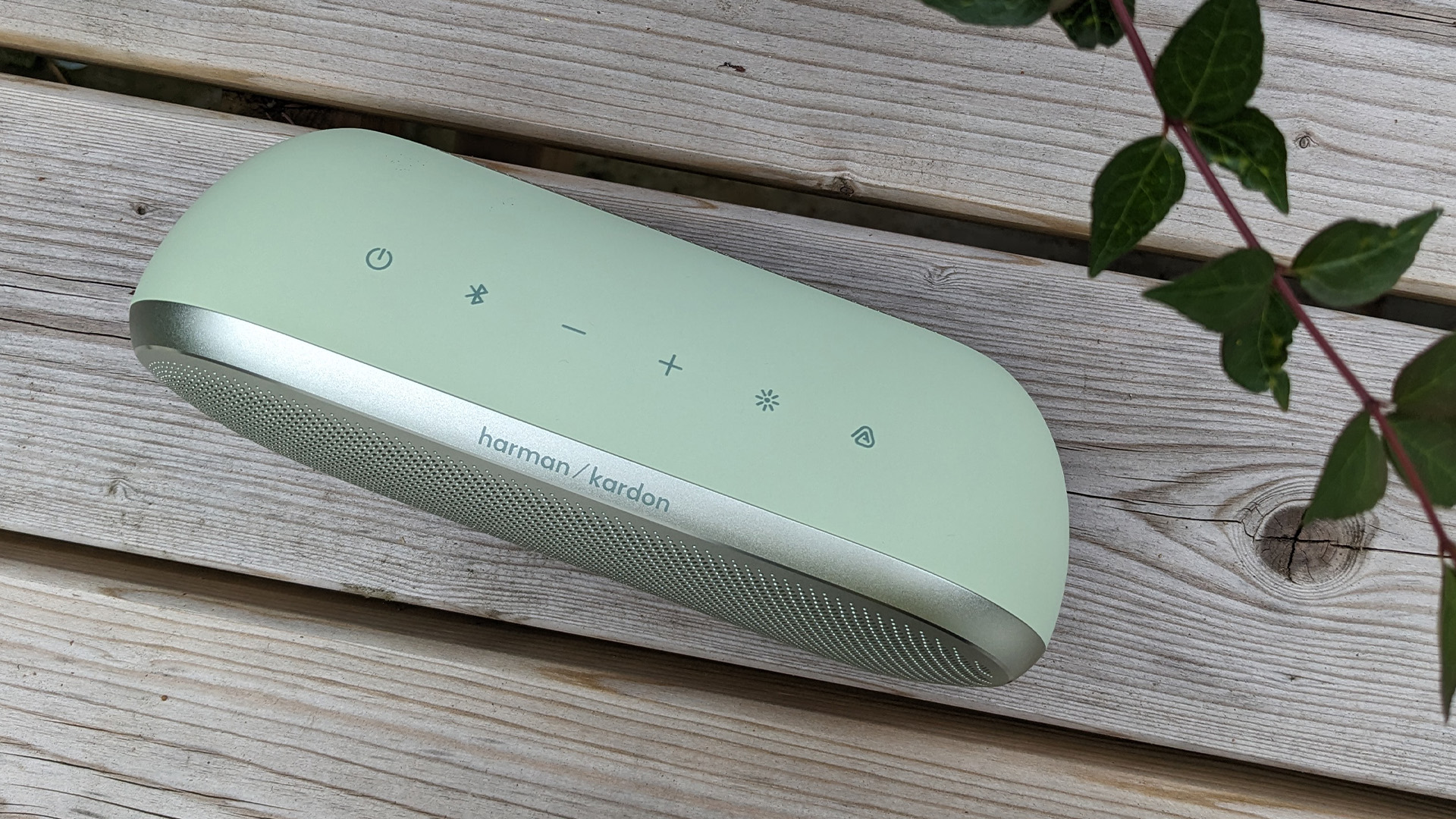 Harman Kardon Luna 2 wireless speaker on outdoor wooden table, top down view showing control panel