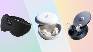 A composite image of sleep headphones: on the left, the Musicozy sleep mask. In the middle, the Soundcore A30s. On the right, the Ozlo Sleepbuds 2