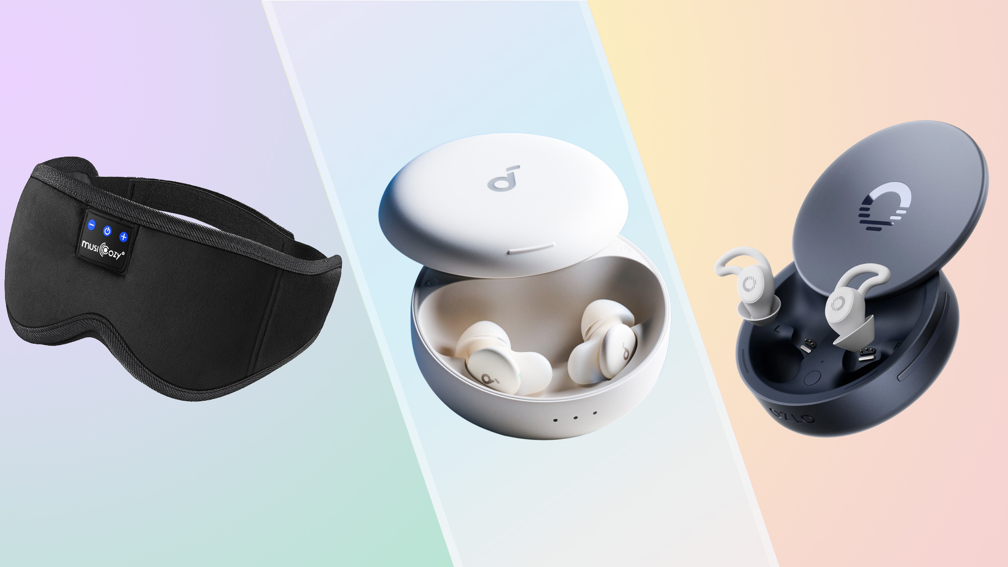A composite image of sleep headphones: on the left, the Musicozy sleep mask. In the middle, the Soundcore A30s. On the right, the Ozlo Sleepbuds 2