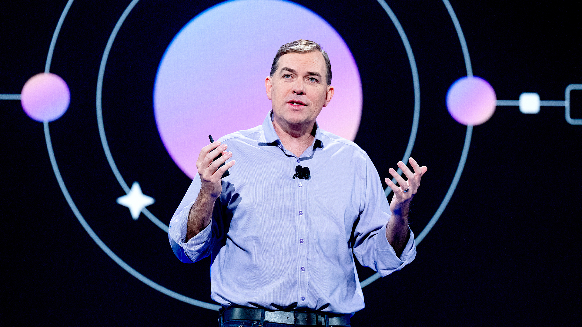 Amazon Web Services (AWS) chief executive officer Matt Garman pictured during a keynote presentation at the 2025 AWS re:Invent conference, hosted at the Venetian Convention & Expo Center.