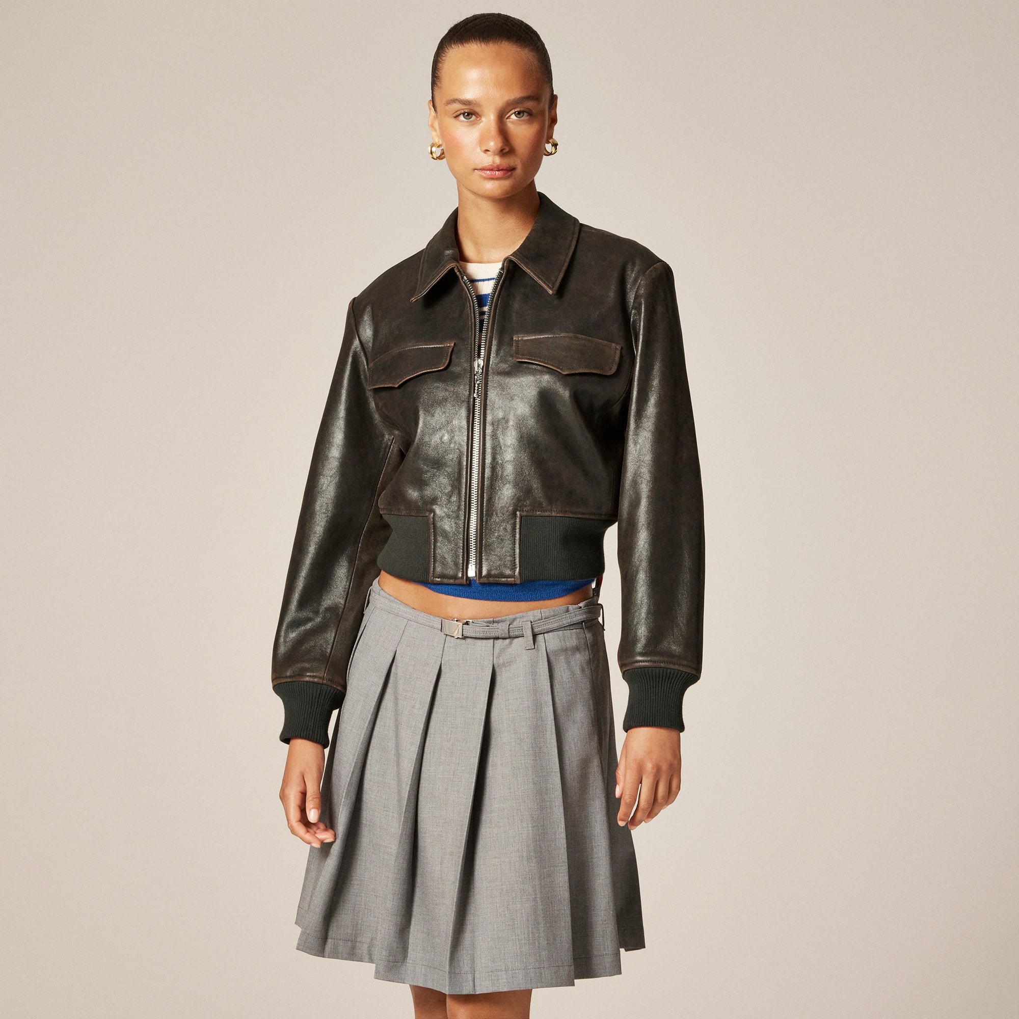 Collection Cropped Flight Jacket in Distressed Leather