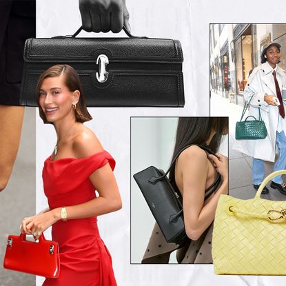 Graphic of East West Bags, including Hailey Bieber and Ayo Edebiri carrying East West Bags