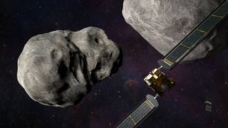An illustration of DART approaching its target asteroid system.