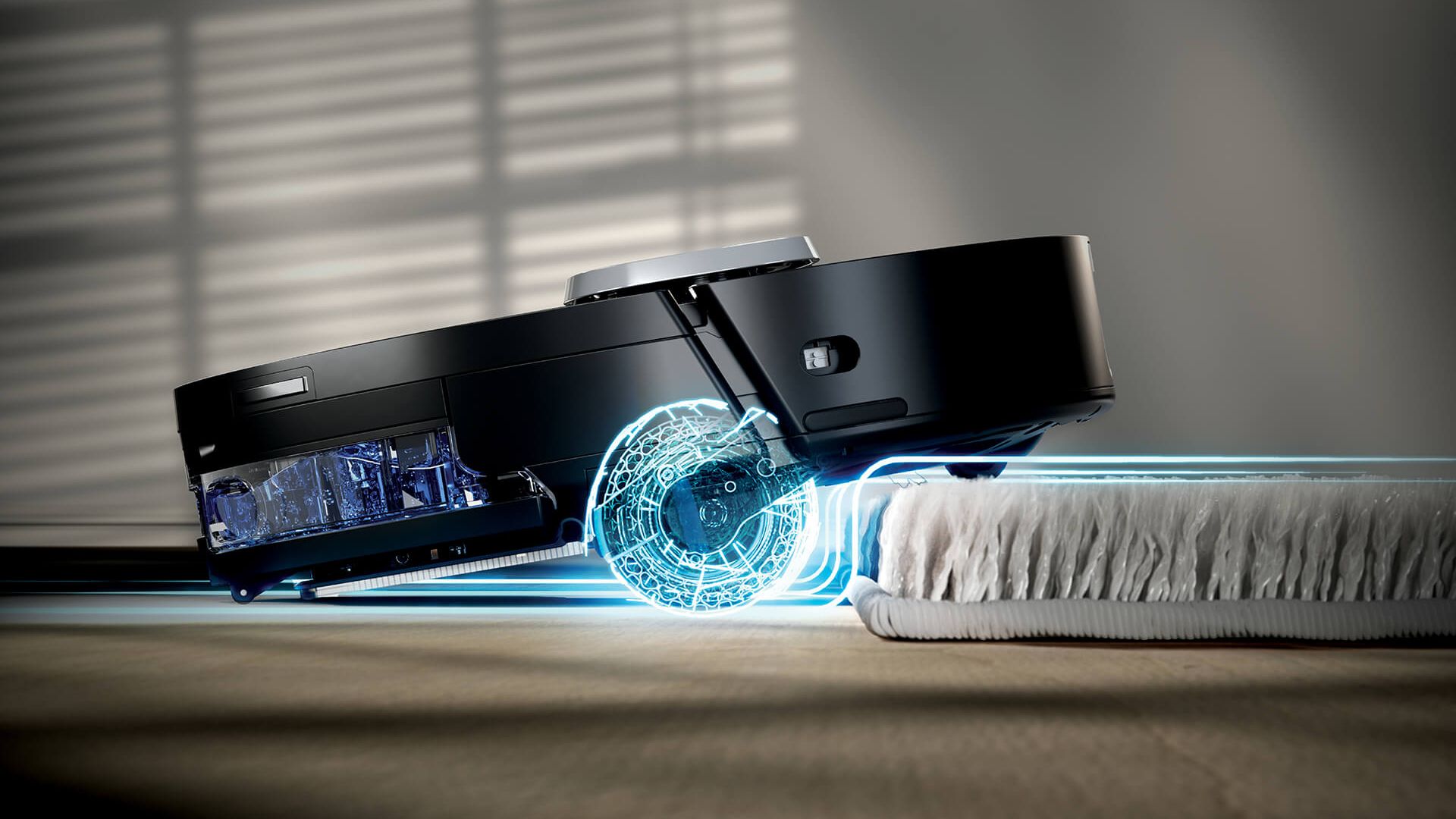 The Shark PowerDetect UV Reveal 2-in-1 Robot Vacuum &amp;amp; Mop moving between surfaces at home