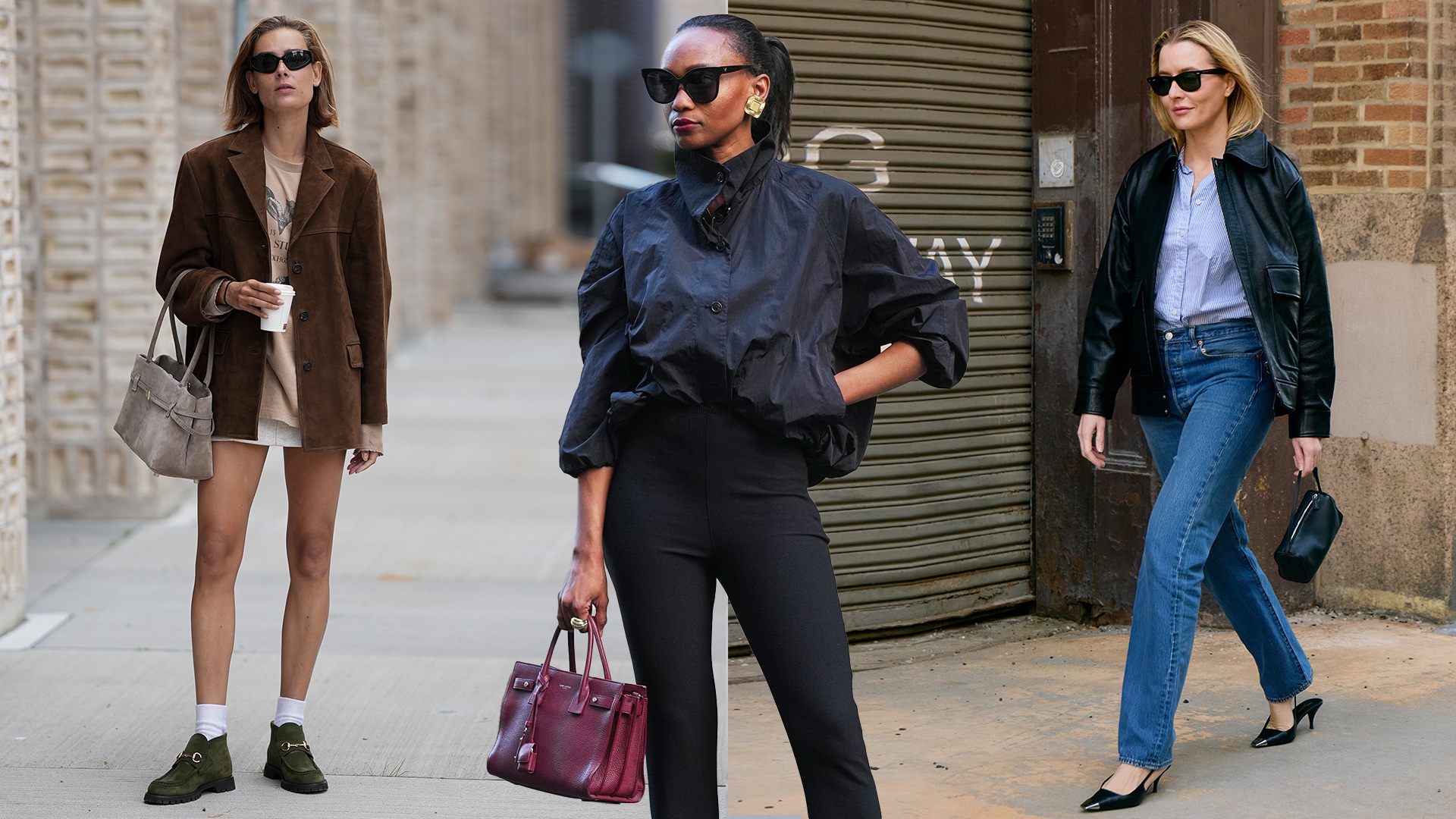 fashion collage of three street style stars wearing cool basics like crew socks, black leggings, and kitten-heel shoes