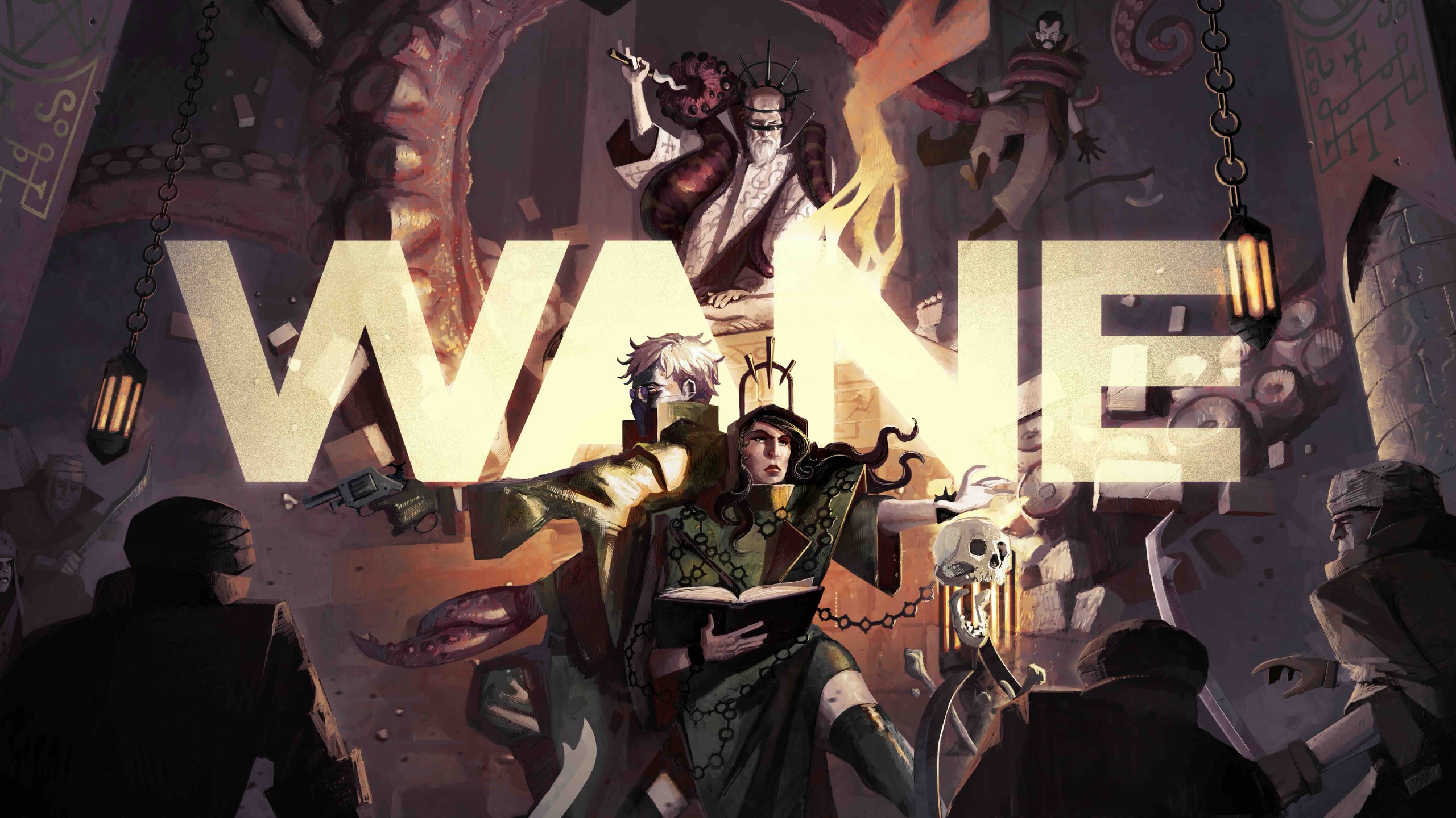 A gun-wielder and a magic-user fight off a horde of enemies. The Wane logo is shown.
