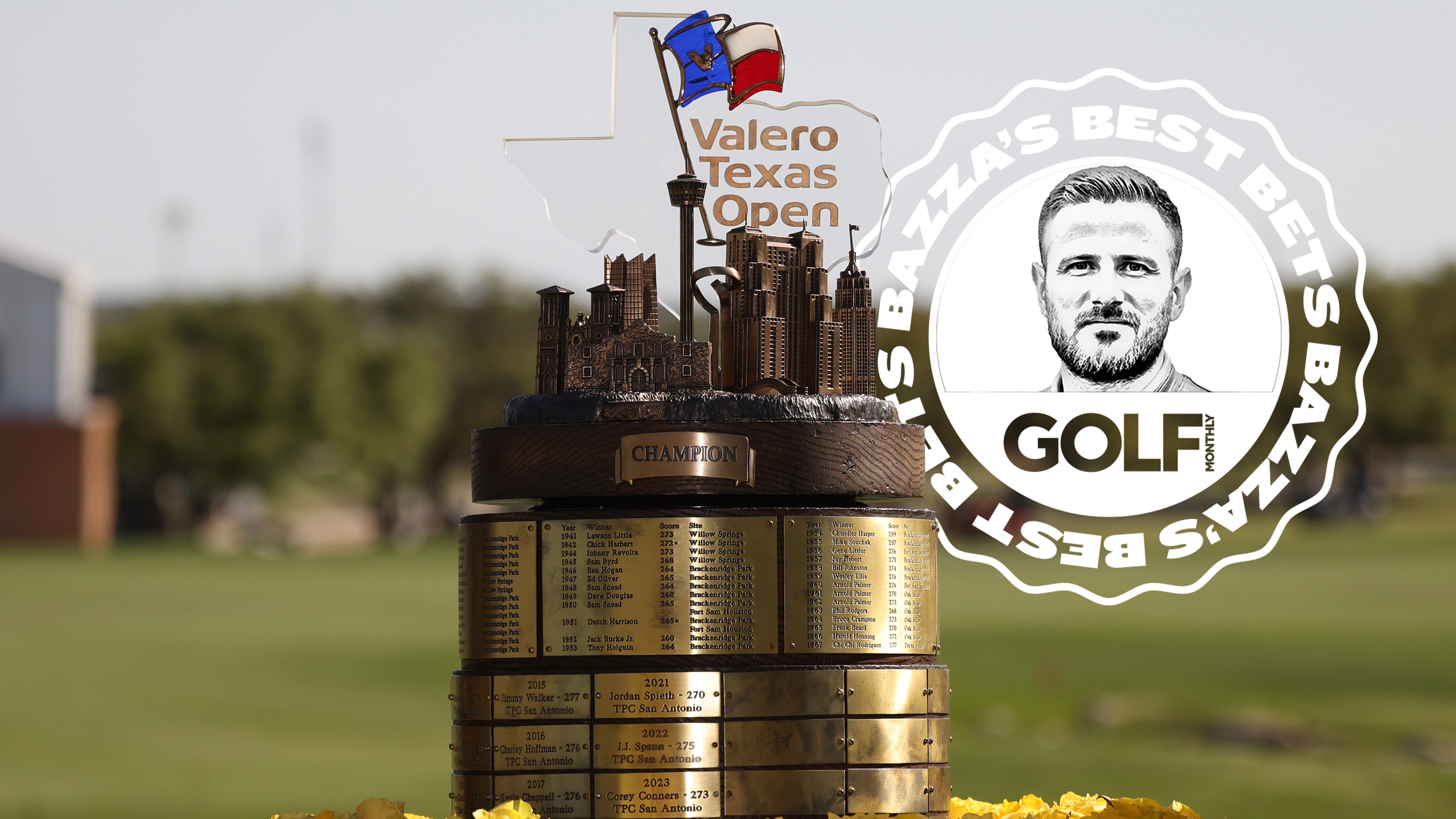Valero Texas Open trophy with an inset image of the Bazza's Best Bets logo