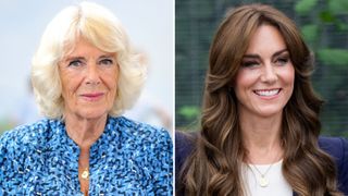 Composite of a picture of Queen Camilla wearing a personalised necklace in 2022 and the Princess of Wales wearing a personalised necklace in 2023