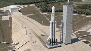 An illustration of SpaceX's Falcon Heavy rocket atop Launch Pad 39A of NASA's Kennedy Space Center in Cape Canaveral, Florida. The rocket was moved to the pad on Dec. 28, 2017 ahead of its first flight in January 2018.
