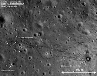 The dark patches of soil uncovered by the Apollo astronauts are clearly visible in overhead photographs.