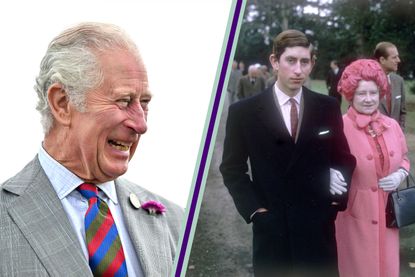 King Charles laughing and a young Prince Charles with the Queen Mother walking arm in arm in split layout