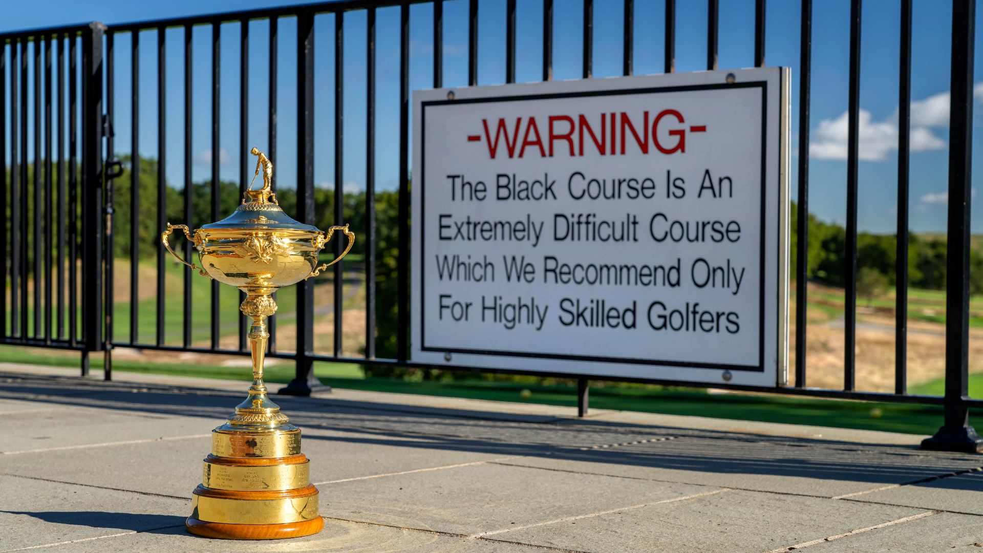 The Ryder Cup trophy is seen at the Bethpage Black Course host of the 2025 Ryder Cup on September 19, 2022 in Farmingdale, New York.