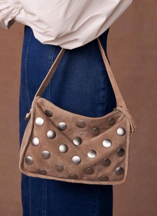 Neutral Suede Studded Shoulder Bag