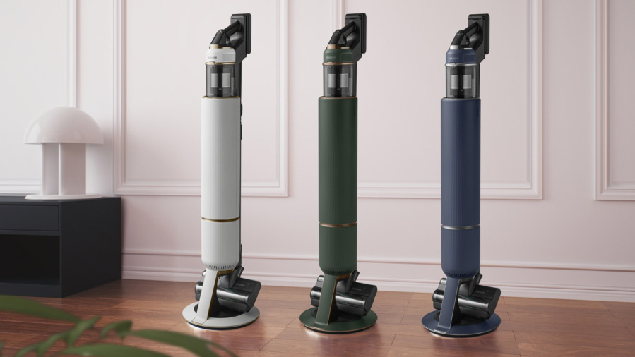 The Samsung Bespoke Jet vacuum cleaner in white, green and blue