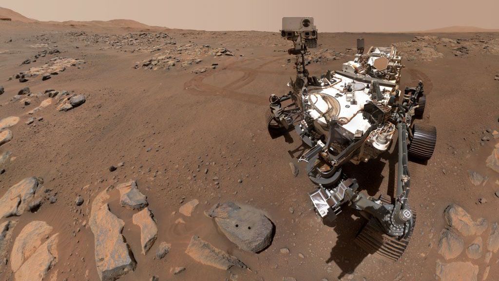 A selfie taken by NASA&#039;s Perseverance rover, which landed on Mars on Feb. 18, 2021.