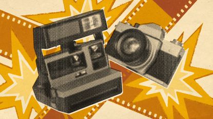 Photo collage of two retro cameras with a big X in the background formed from film negatives.